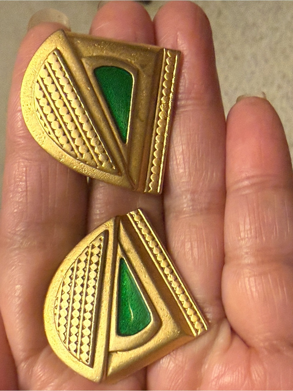 Vintage Rare Gold-Tone Green Inlay Geometric Statement Earrings - Women Jewelry